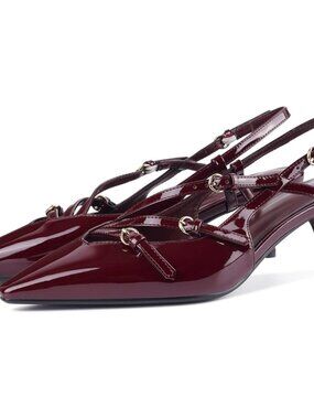 Women's Burgundy Low Slingback Kitten Shoes Toe Pumps Low Stiletto Heels